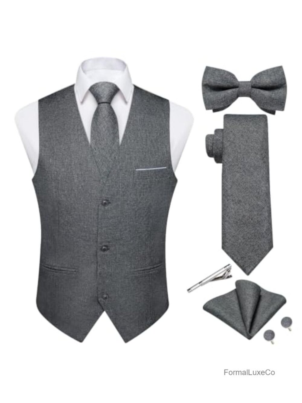 Mens Linen Suit Vest Tie Bowtie Set Formal Dress Waistcoat 6PC